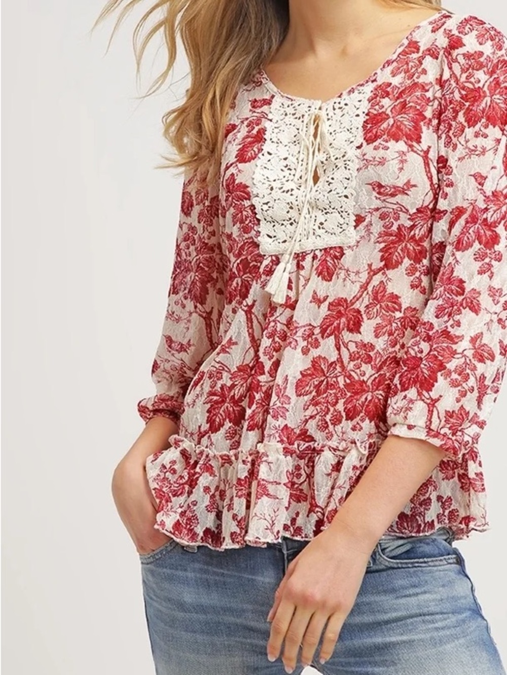 Denim & Supply Ralph Lauren Red Floral Peasant Blouse with Crochet Yoke